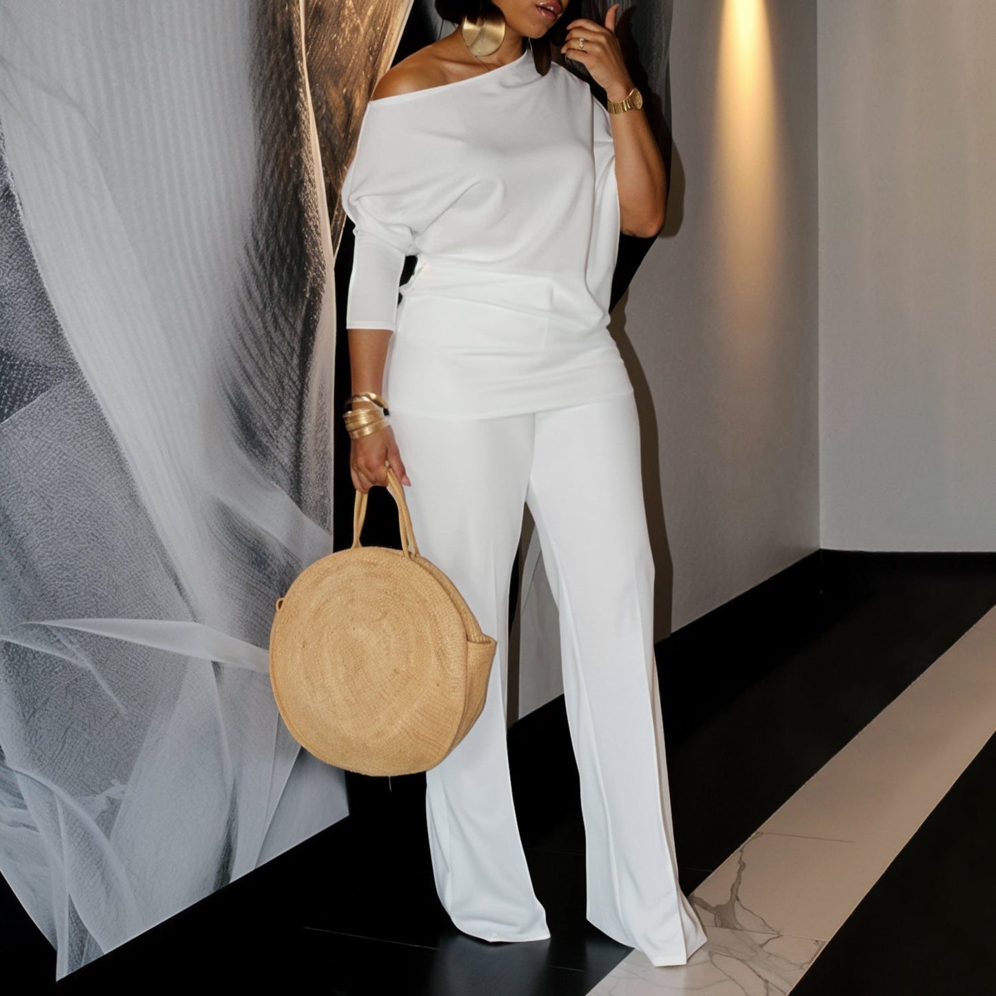 Diagonal Collar Top Wide Leg Pants Cross-border Suit