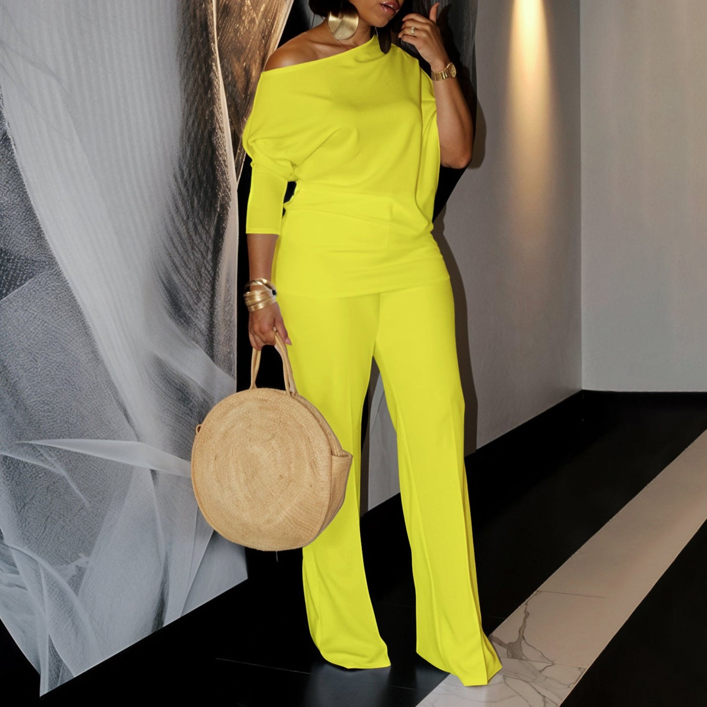 Diagonal Collar Top Wide Leg Pants Cross-border Suit