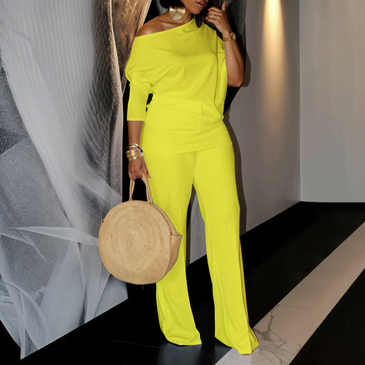 Diagonal Collar Top Wide Leg Pants Cross-border Suit