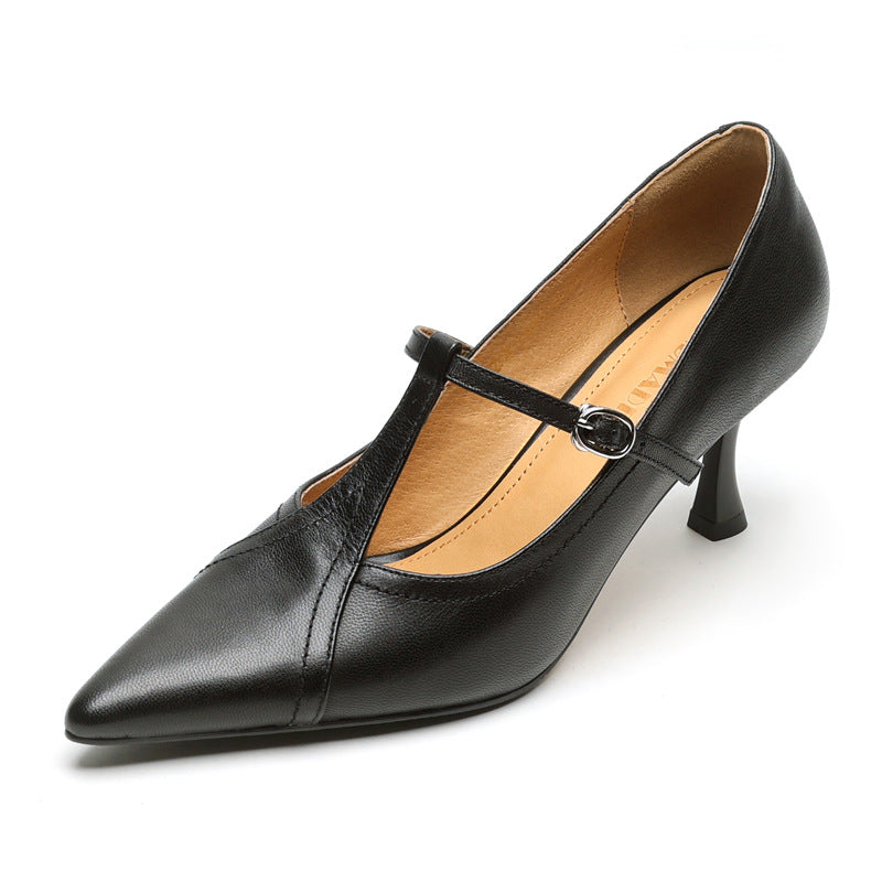 Korean Style T-buckle Strap Stiletto Heel Shoes For Four Seasons