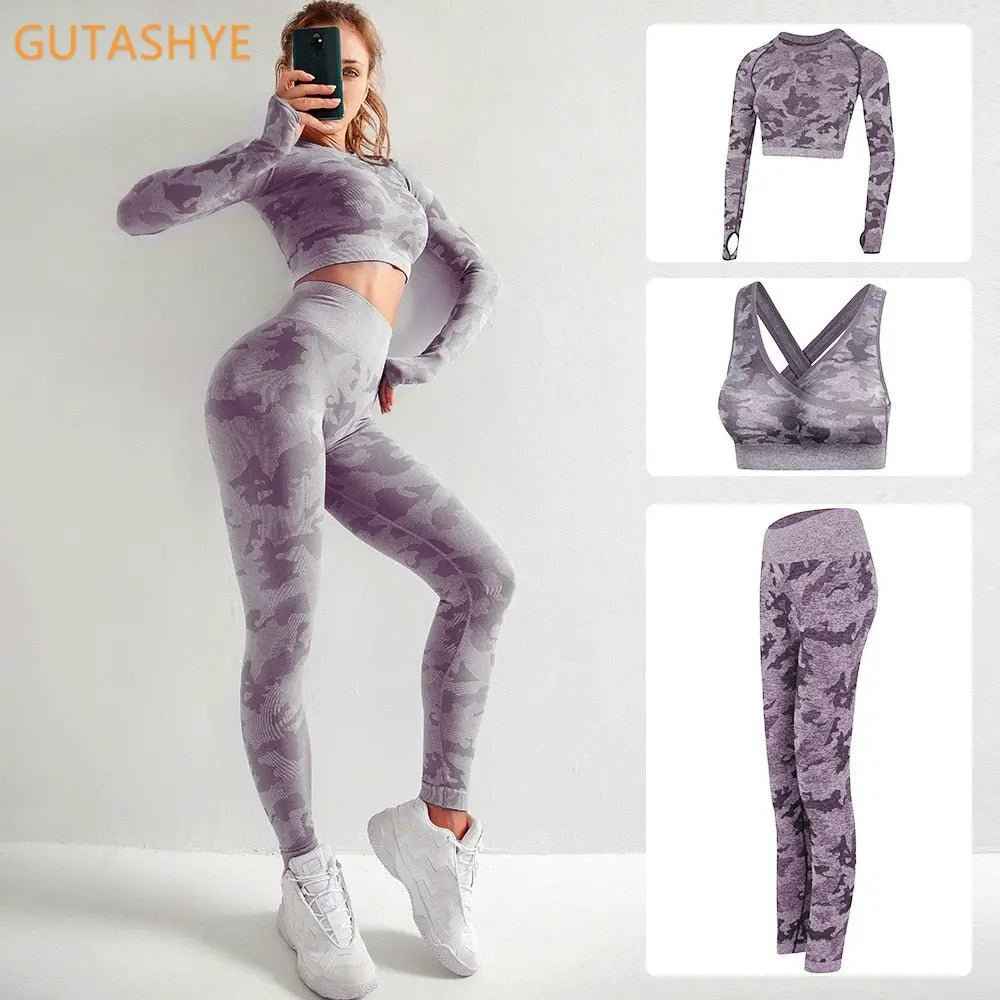 3PCS Camouflage Yoga Set for Women Seamless Fitness Yoga Bra Sports Bra High Waist GYM Camo leggings Pants Fitness Suits Workout