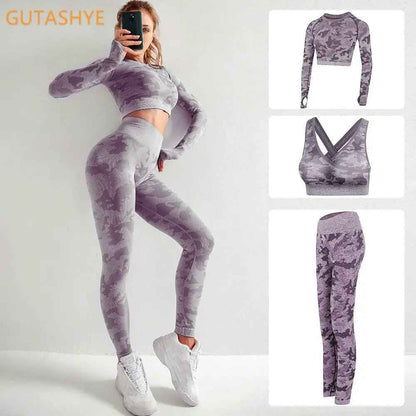 3PCS Camouflage Yoga Set for Women Seamless Fitness Yoga Bra Sports Bra High Waist GYM Camo leggings Pants Fitness Suits Workout
