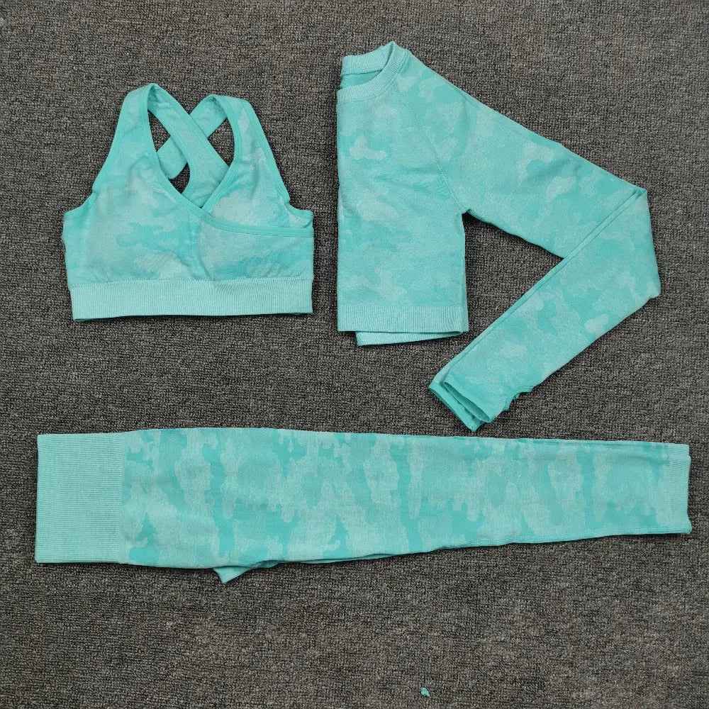 3PCS Camouflage Yoga Set for Women Seamless Fitness Yoga Bra Sports Bra High Waist GYM Camo leggings Pants Fitness Suits Workout
