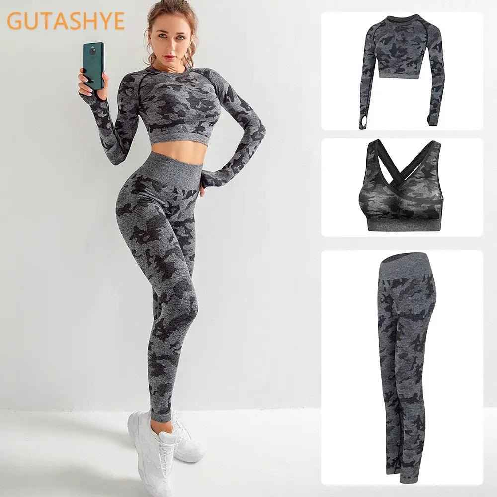 3PCS Camouflage Yoga Set for Women Seamless Fitness Yoga Bra Sports Bra High Waist GYM Camo leggings Pants Fitness Suits Workout