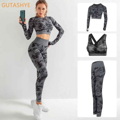 3PCS Camouflage Yoga Set for Women Seamless Fitness Yoga Bra Sports Bra High Waist GYM Camo leggings Pants Fitness Suits Workout