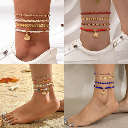 4pcs Set Bohemian Woven Rope Foot Chain For Men And Women Geometric Alloy Black Beads Dropping Oil Anklet Set Summer Fashion Jewellery