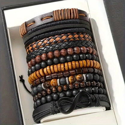 12pcs Vintage Braided Faux Leather Bracelet Set with Tiger Eye & Moonstone Beads