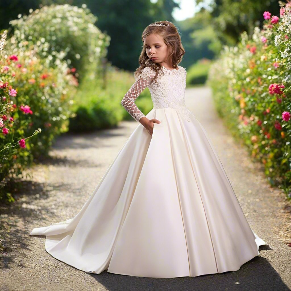 Bridal Flower Girl Dress Long Sleeve Champagne White Polyester Customized Size Options