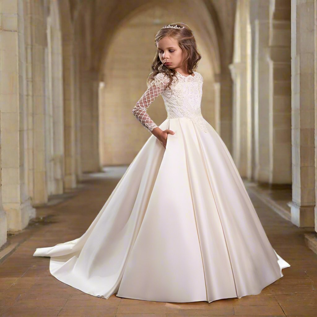 Bridal Flower Girl Dress Long Sleeve Champagne White Polyester Customized Size Options