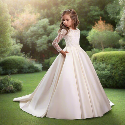 Bridal Flower Girl Dress Long Sleeve Champagne White Polyester Customized Size Options