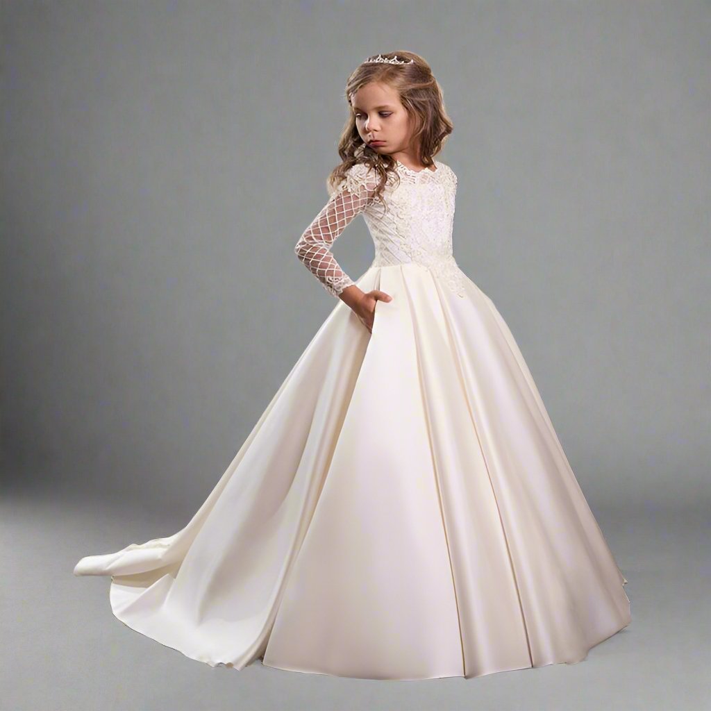Bridal Flower Girl Dress Long Sleeve Champagne White Polyester Customized Size Options