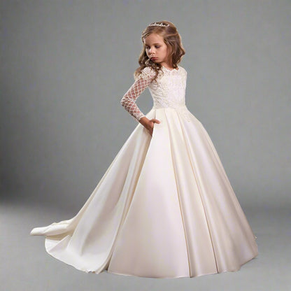 Bridal Flower Girl Dress Long Sleeve Champagne White Polyester Customized Size Options