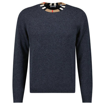 Burberry 'Noland' Knitted Wool/ Cashmere Jumper Check Neck Charcoal Grey