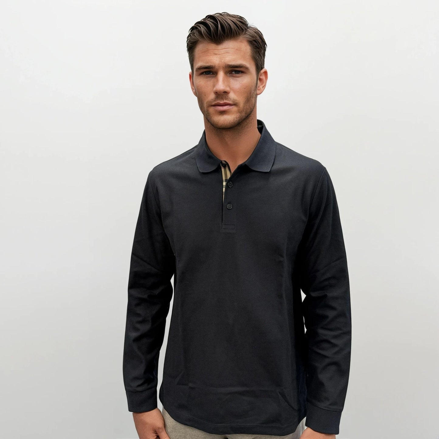 Burberry 'Hartford' Long Sleeved Check Placket Polo-Shirt Navy