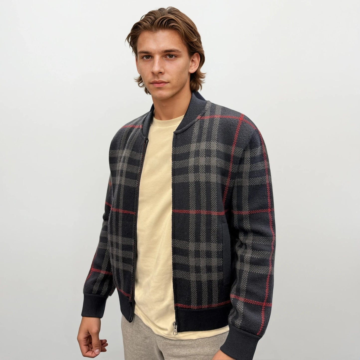 Burberry 'Morland' Knitted Wool Bomber Jacket Check Navy