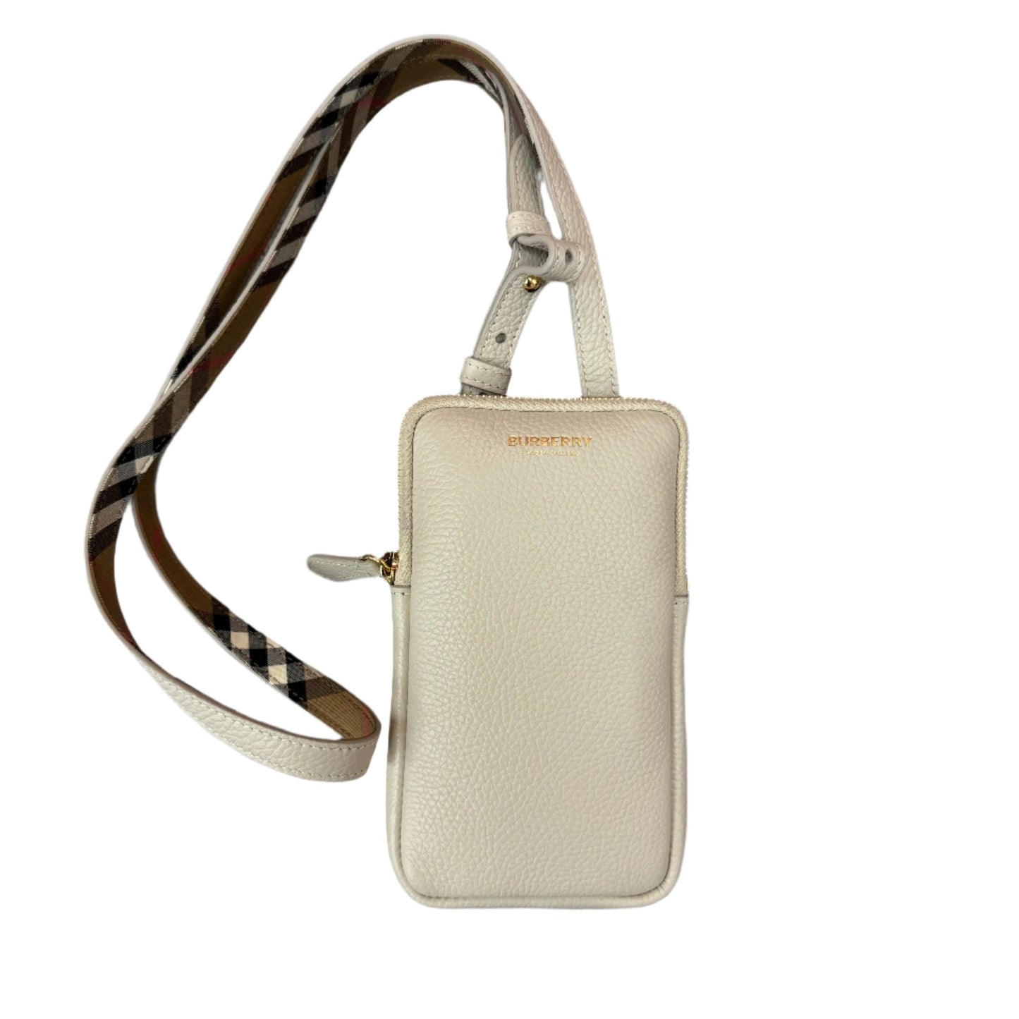 Burberry Phone Pouch Check Strap Grained Leather in Limestone