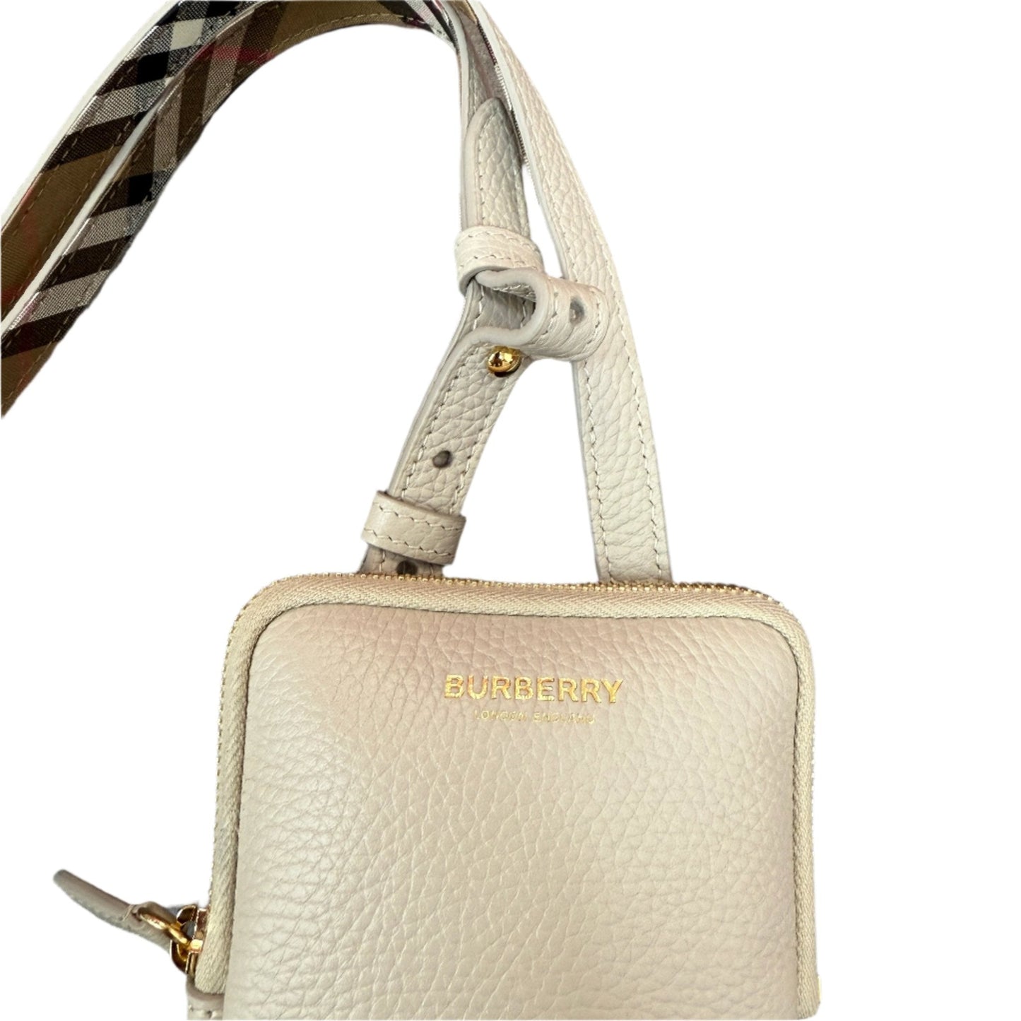 Burberry Phone Pouch Check Strap Grained Leather in Limestone