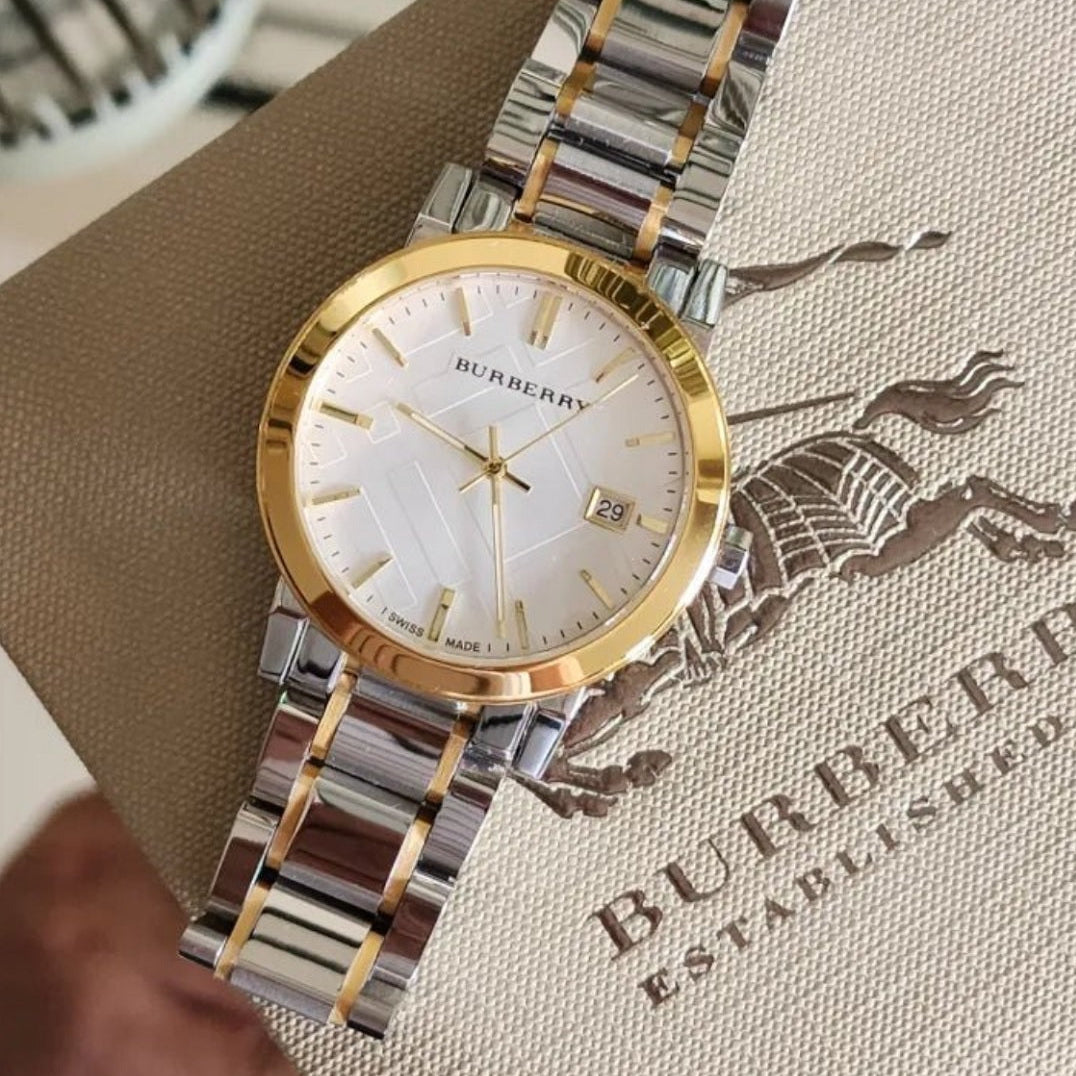 Burberry Women’s Watch Stainless Steel Silver & Gold Strap With Silver Dial And Gold Case BU9115 The City