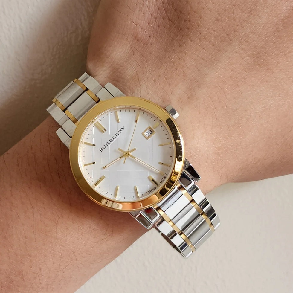 Burberry Women’s Watch Stainless Steel Silver & Gold Strap With Silver Dial And Gold Case BU9115 The City