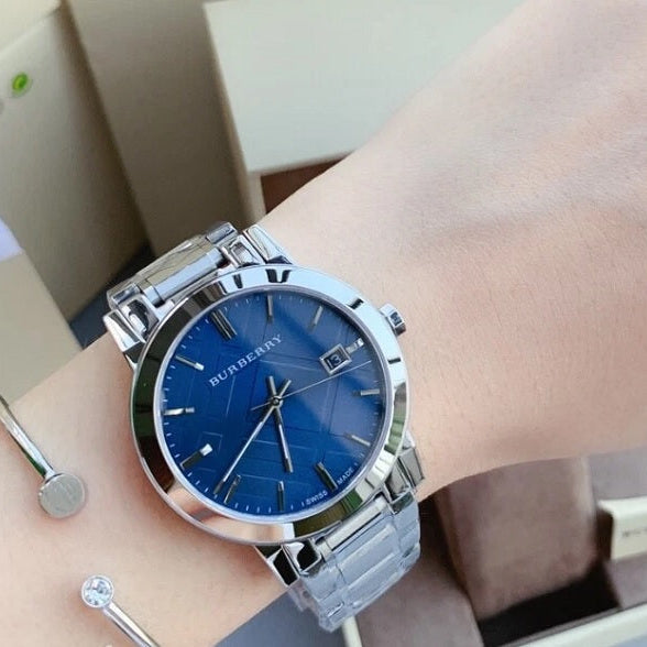 Burberry Unisex Watch Stainless Steel Silver Strap With Blue Dial BU9031 The City