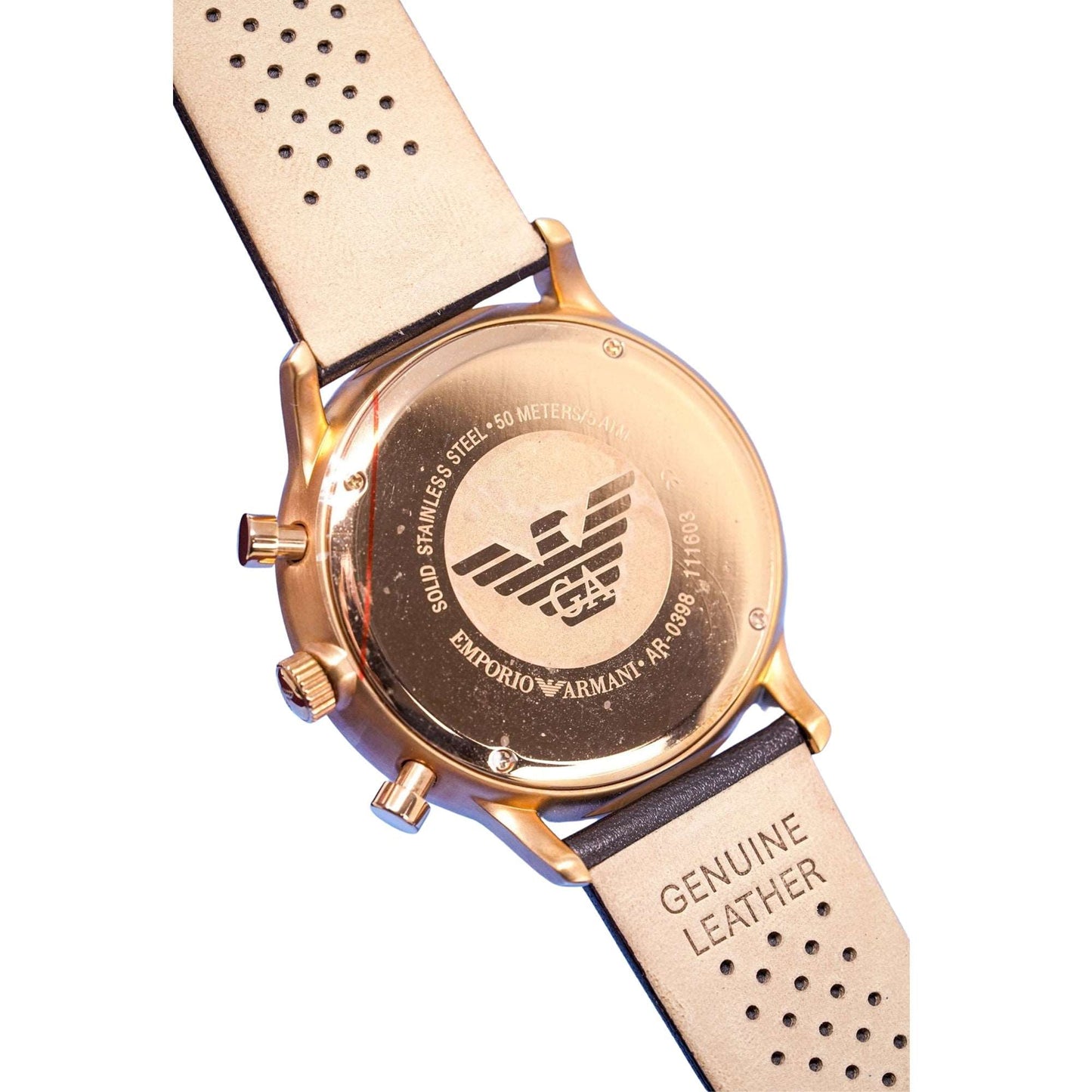 Emporio Armani AR0398 Men's Rose Gold Chronograph Watch with White Dial and Brown Leather Strap