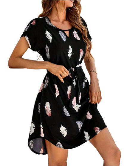 Women's Summer Vacation Style Print Tunic Dress with Batwing Sleeves and Belt Detail, 100% Polyester Crew Neck Lightweight Woven Dress