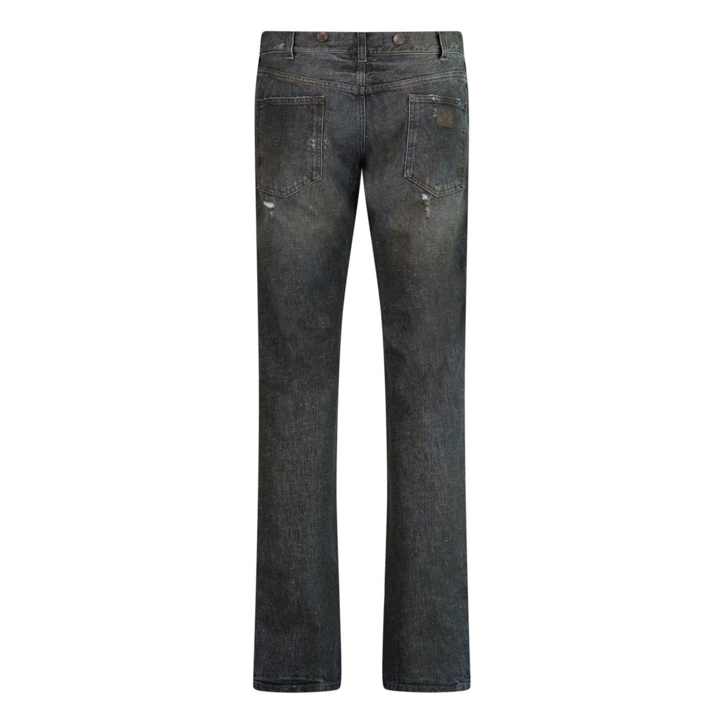Dolce & Gabbana Leather Plaque Slim Dirt Look Grey Jeans