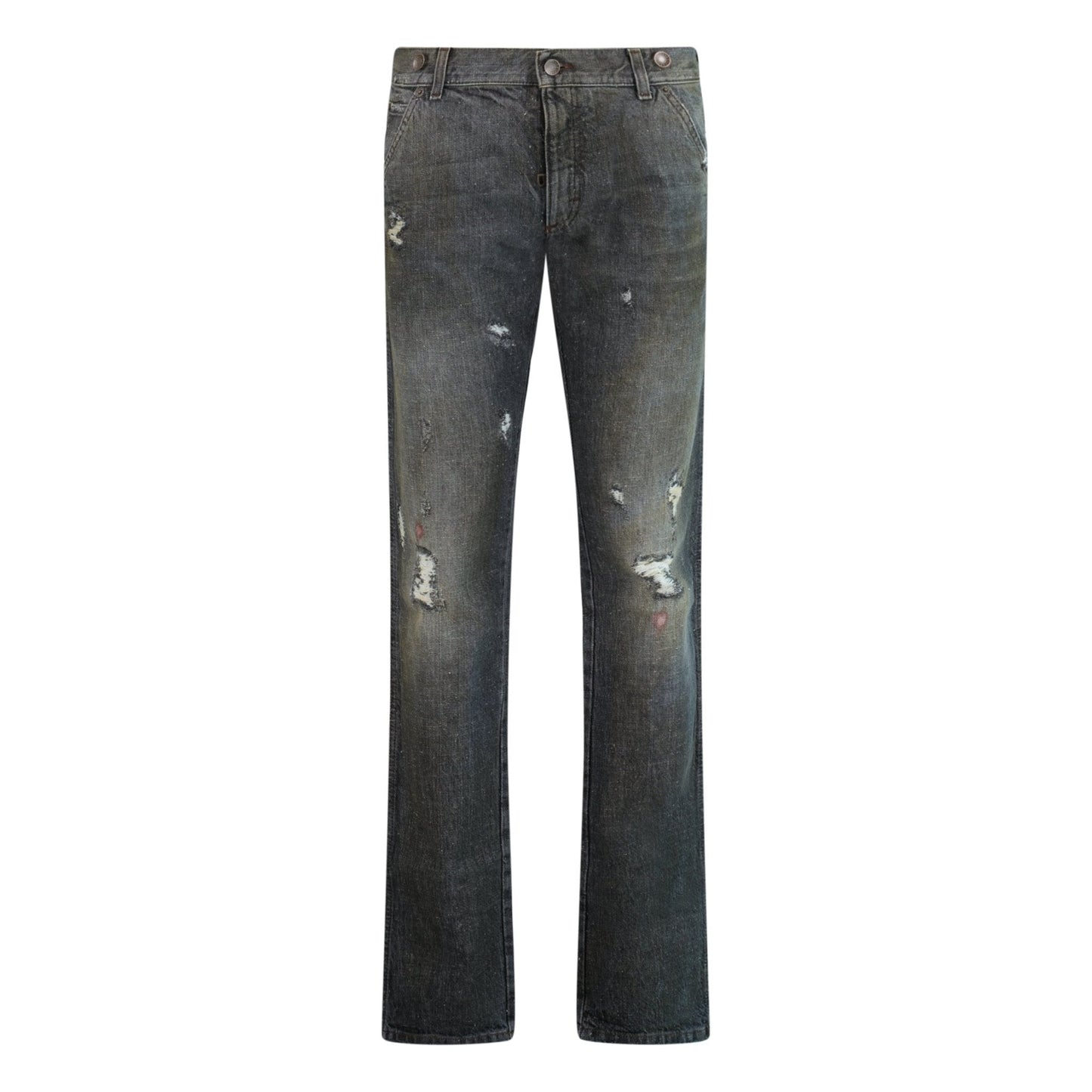 Dolce & Gabbana Leather Plaque Slim Dirt Look Grey Jeans