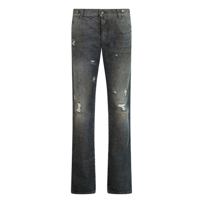 Dolce & Gabbana Leather Plaque Slim Dirt Look Grey Jeans