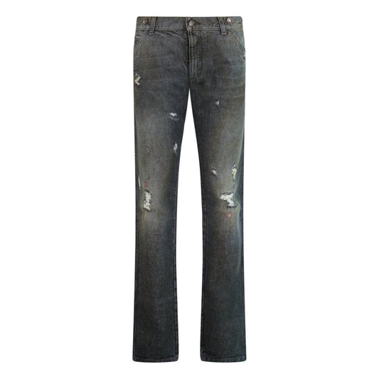 Dolce & Gabbana Leather Plaque Slim Dirt Look Grey Jeans