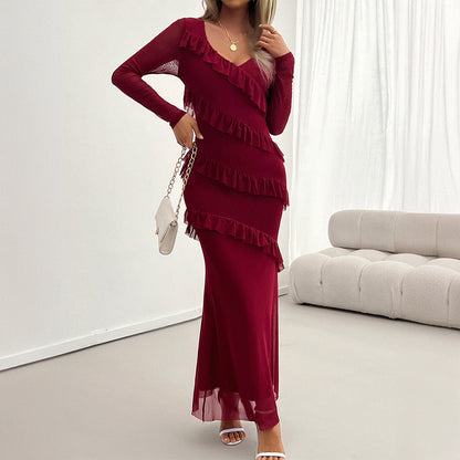 Women's Elegant Slim Fit Mesh V-Neck Dress – Evening Party & Formal Wear