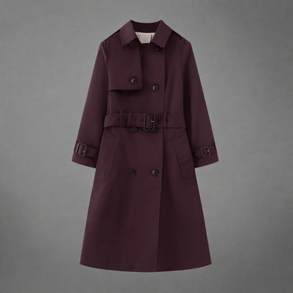Elegant Trench Coat for Women - Belted, Long Sleeve, Solid Color, Available in Dark Red and Deep Khaki