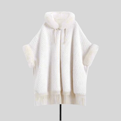 Elegant White Buckle Hooded Hanfu Shawl Cloak with Twill Rabbit Fur and Tassel Details