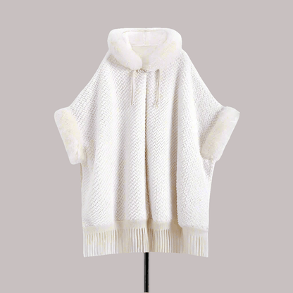 Elegant White Buckle Hooded Hanfu Shawl Cloak with Twill Rabbit Fur and Tassel Details