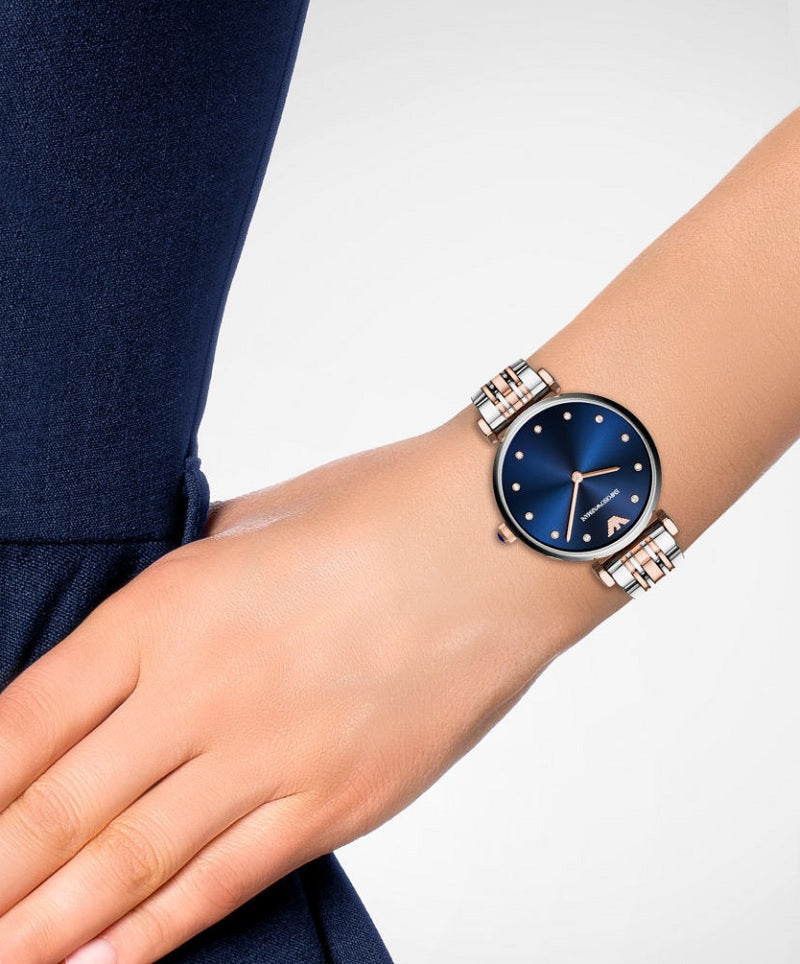 Emporio Armani Women's Watch Stainless Steel Two-Tone Silver & Rose Gold Strap With Blue Dial AR11092 Gianni T-Bar