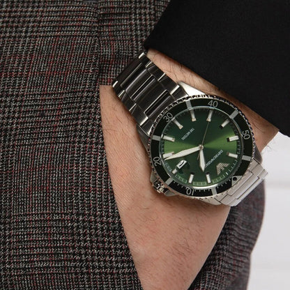 Emporio Armani Men's Watch Stainless Steel Silver Strap & Green Dial AR11338 Diver