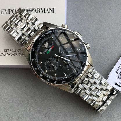 Emporio Armani Men's Watch Stainless Steel Silver Strap With Black Dial  AR5983 Tazio