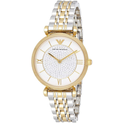 Emporio Armani Women's Watch Stainless Steel Silver & God Tone Strap White Pave Crystal White Dial AR8031 Gianni T-Bar