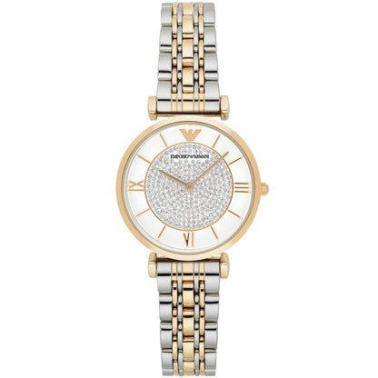 Emporio Armani Women's Watch Stainless Steel Silver & God Tone Strap White Pave Crystal White Dial AR8031 Gianni T-Bar