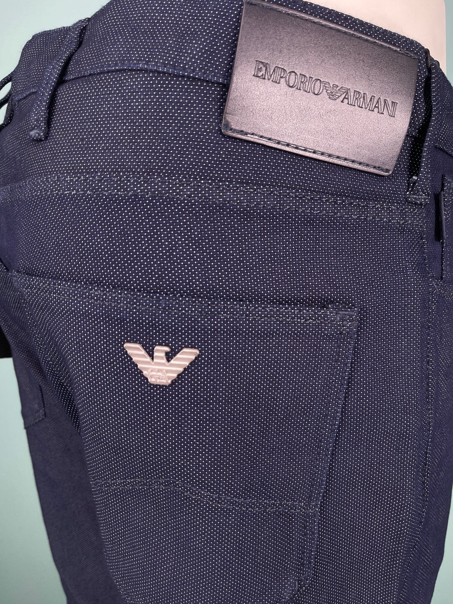 Emporio Armani J06 Slim Fit 5 Pocket Grey Eagle Black Belt Patch Jeans Navy