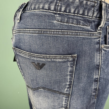 Emporio Armani J06 Slim Fit 5 Pocket Silver Eagle Belt Patch Jeans Blue