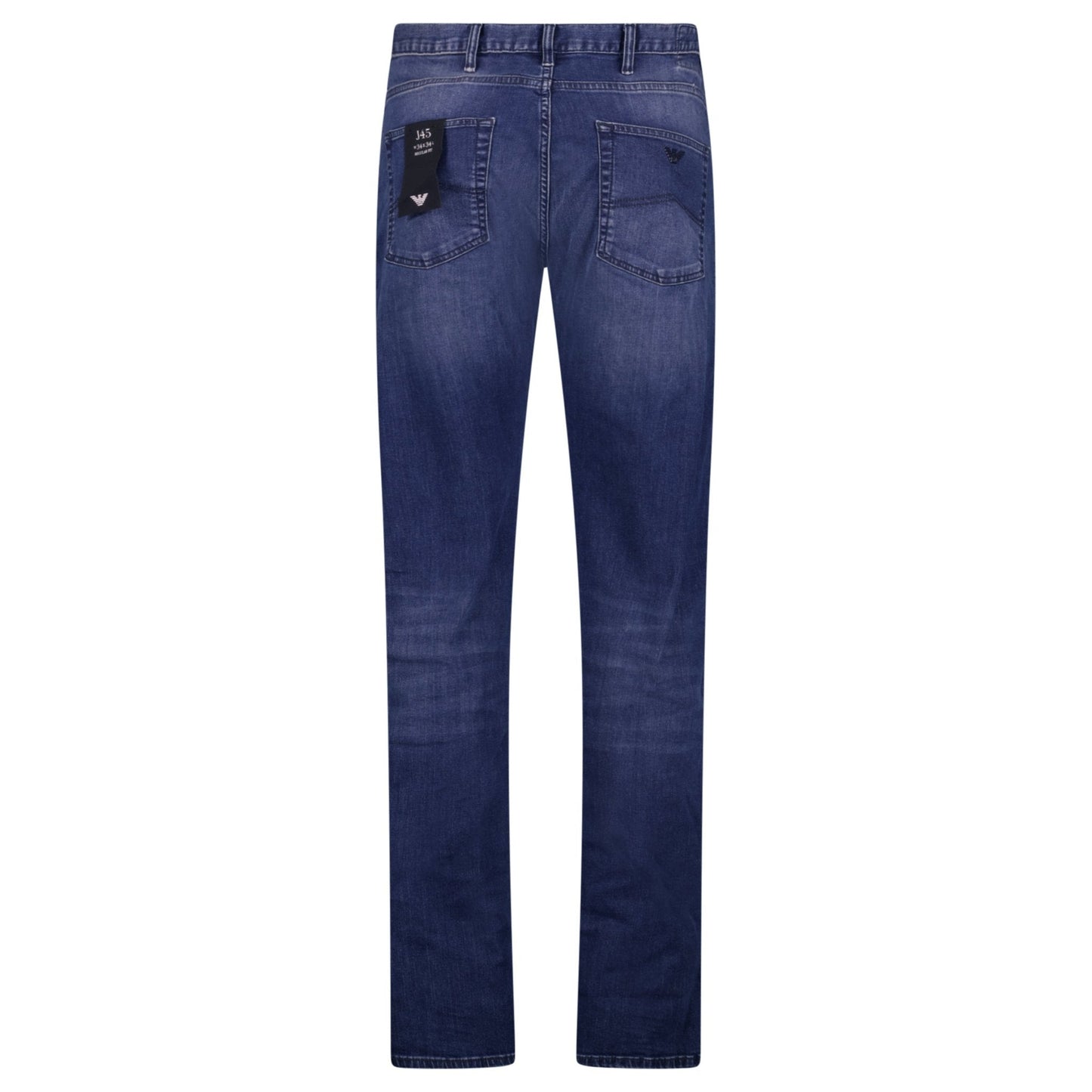 Emporio Armani J45 Regular Fit 5 Pocket Black Eagle Distressed Belt Patch Jeans Blue