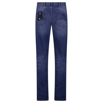 Emporio Armani J45 Regular Fit 5 Pocket Black Eagle Distressed Belt Patch Jeans Blue