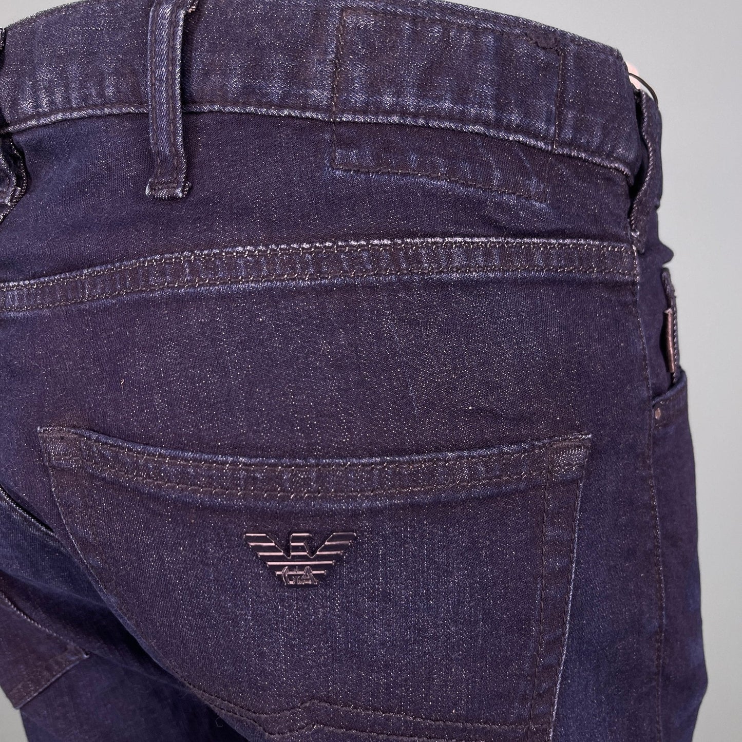 Emporio Armani J45 Regular Fit 5 Pocket Black Eagle Distressed Belt Patch Jeans Blue