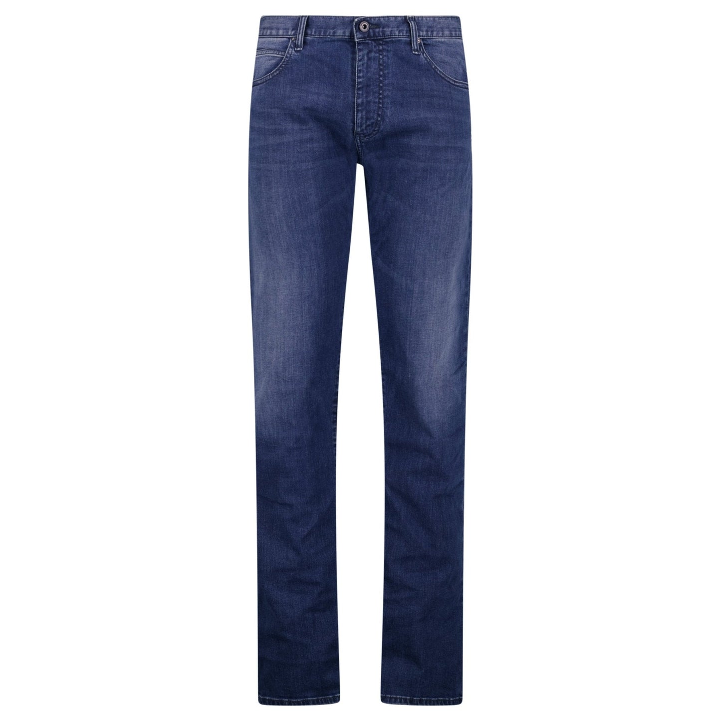 Emporio Armani J45 Regular Fit 5 Pocket Black Eagle Distressed Belt Patch Jeans Blue