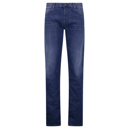 Emporio Armani J45 Regular Fit 5 Pocket Black Eagle Distressed Belt Patch Jeans Blue