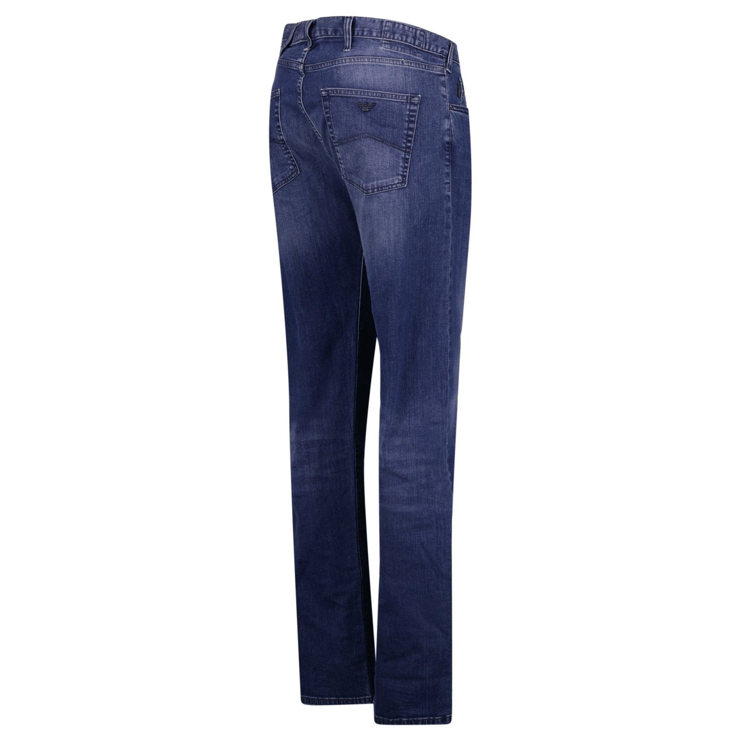 Emporio Armani J45 Regular Fit 5 Pocket Black Eagle Distressed Belt Patch Jeans Blue
