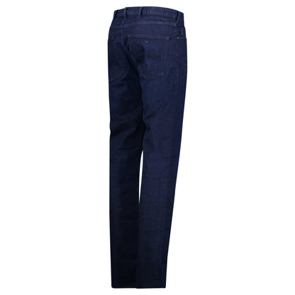 Emporio Armani J45 Regular Fit 5 Pocket Black Eagle Distressed Belt Patch Jeans Dark Blue