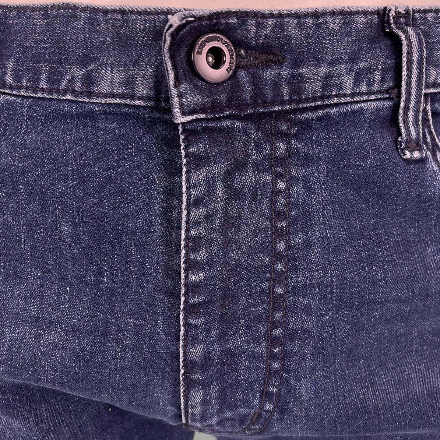 Emporio Armani J45 Regular Fit 5 Pocket Black Eagle Distressed Belt Patch Jeans Dark Blue