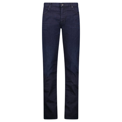 Emporio Armani J45 Regular Fit 5 Pocket Black Eagle Distressed Belt Patch Jeans Dark Blue